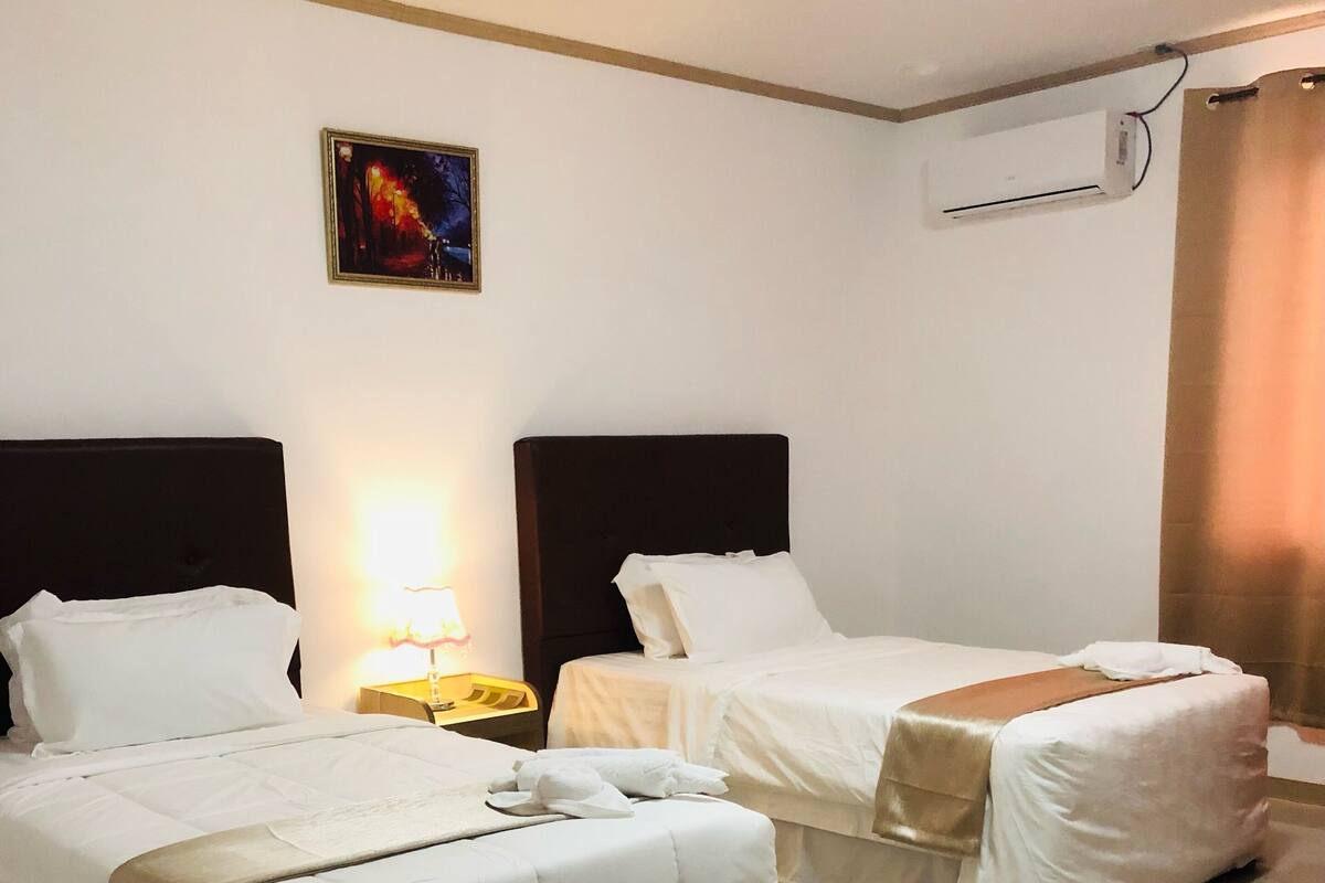A hotel room with two beds, a nightstand, a lamp, an air conditioning unit, and a painting on the wall.