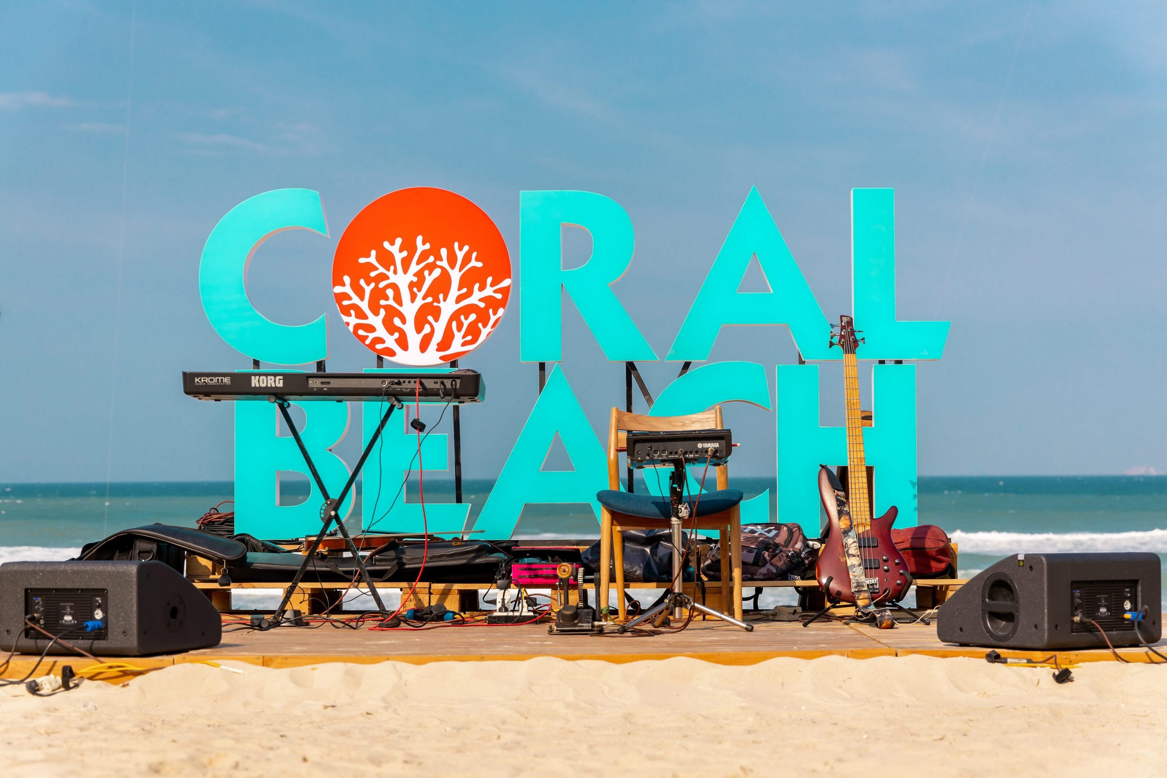 on the beach, sun-loungers, beach umbrellas, beach bar