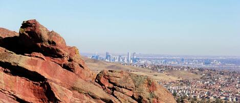 A cityscape with a prominent rocky foreground and a distant view of a city with high-rise buildings.