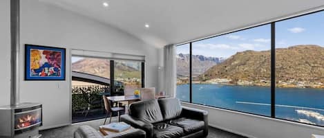 Smart TV, fireplace, books