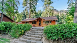 A wooden cabin with a stone staircase leading to the entrance, surrounded by dense greenery and trees.