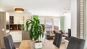 A modern kitchen with wooden cabinets, a dining table with chairs, a large potted plant, and a sofa in a living area with a city view. - Apartment "Robi" with Mountain View, Garden & Wi-Fi (Fulpmes)