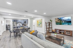 Smart TV, fireplace, books