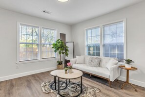 Smart TV, fireplace, books
