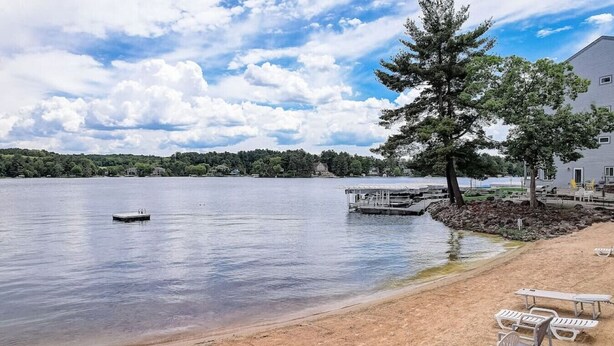 A lakeside beach with a dock, lounge chairs, and a large tree. - Sparrow's Nest - Stay at the lake, walk to Noah's Ark! (Wisconsin Dells)