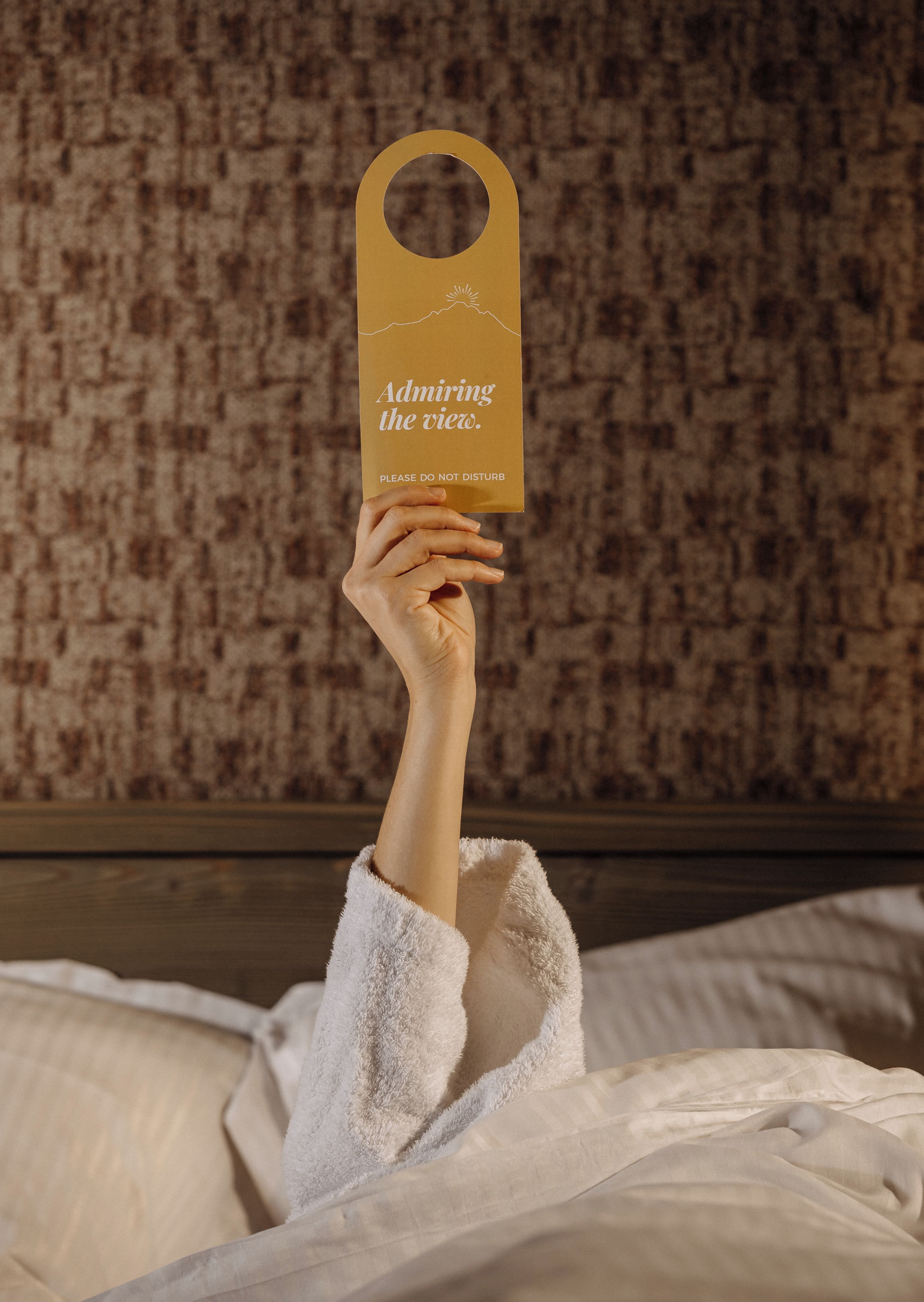 Una persona sosteniendo un letrero con el texto 'Admirning the view. Please do not disturb' frente a un fondo de pared con textura.