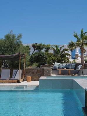 Outdoor pool, pool umbrellas, pool loungers