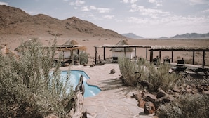 A desert resort with a swimming pool, thatched-roof structures, and lounge chairs. - Desert Homestead Lodge l Ondili (Sesriem)