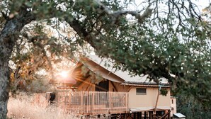 A rustic cabin with a wooden deck and a large tent-like structure. - Huttopia Wine Country-Northern California (Lower Lake)