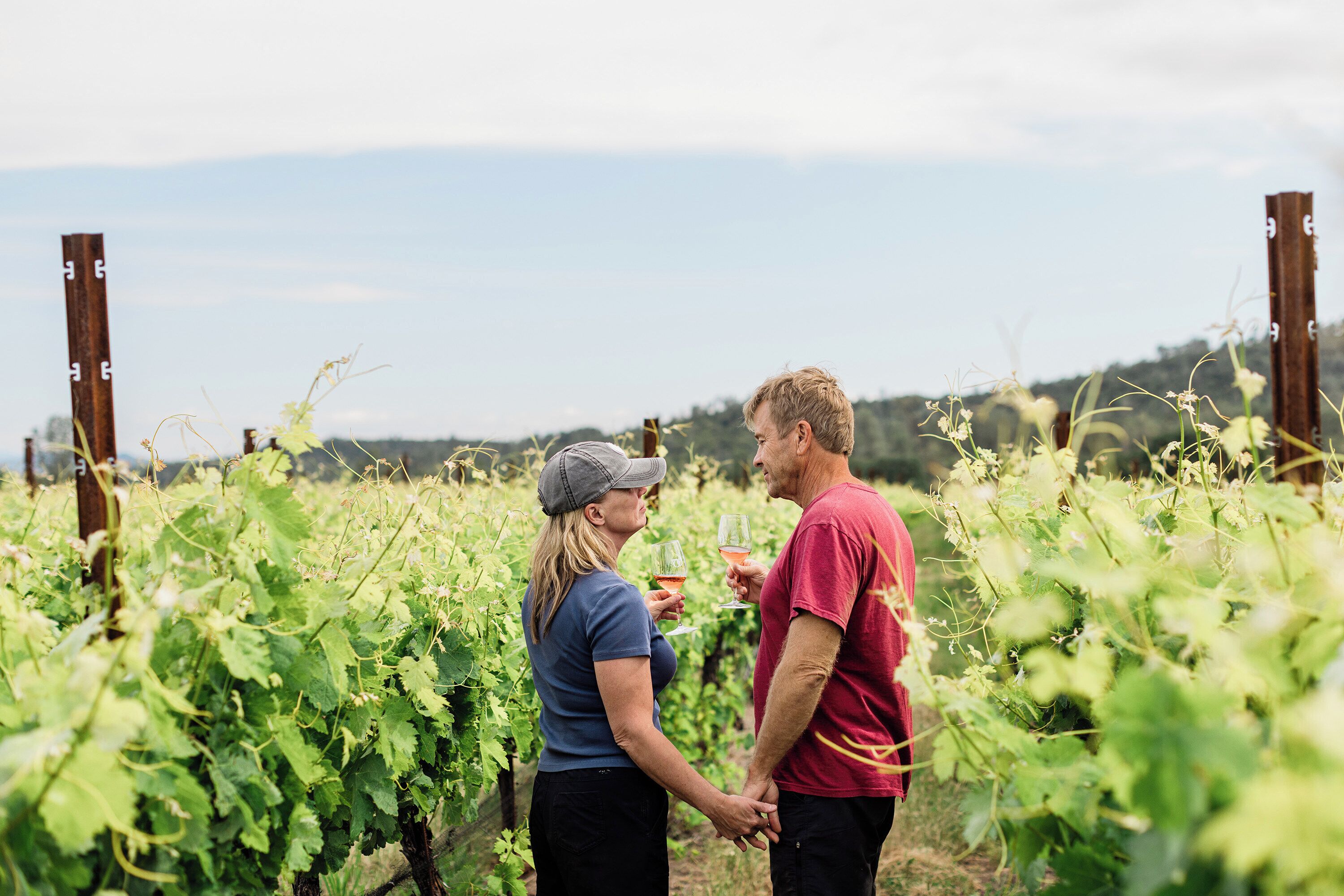 Two people holding hands in a vineyard.