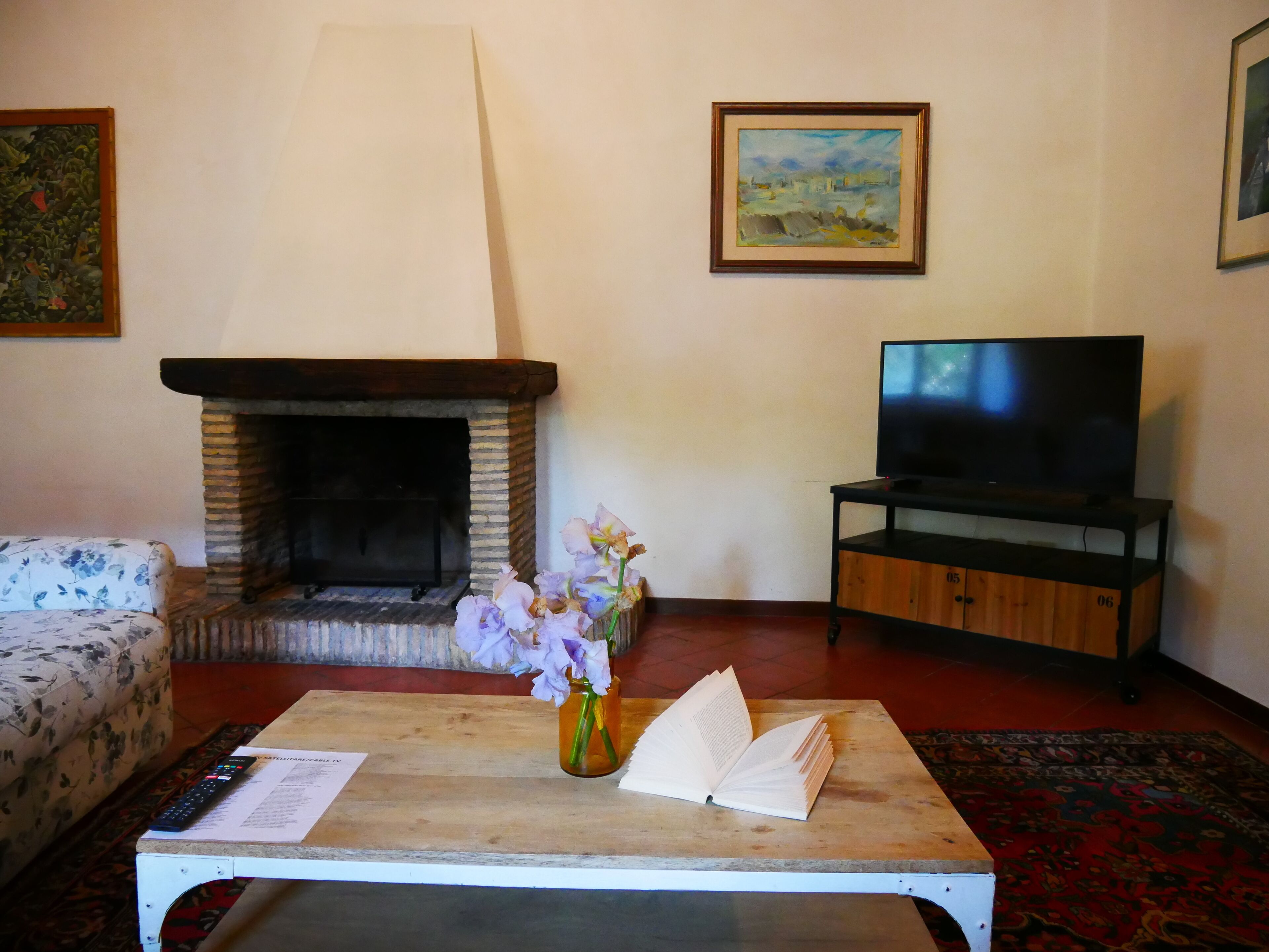 Un salon avec une cheminée, un canapé, une table basse avec un livre et des fleurs, un téléviseur posé sur un meuble et un tableau encadré accroché au mur.