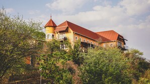 A large, yellow building with a red roof and a tower, surrounded by dense greenery. - Ti Melen Boutique Guesthouse l Ondili (Windhoek)