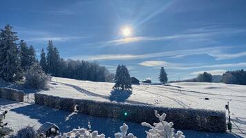 Eine verschneite Landschaft mit blauem Himmel und Sonnenschein.
