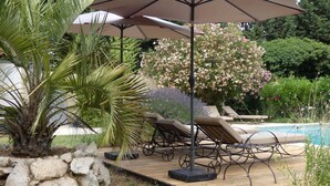 Ein Poolbereich mit Liegestühlen, einer Pergola mit Sonnenschirmen und verschiedenen Pflanzen.