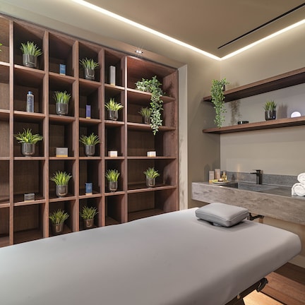 A spa room with a massage table, wooden shelving with potted plants, a countertop with a sink and towels, and a wall-mounted shelf with additional plants.