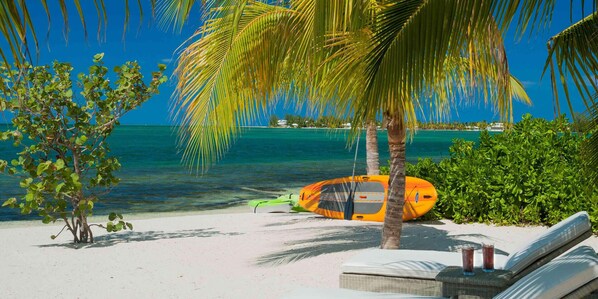 On the beach, sun-loungers, beach towels