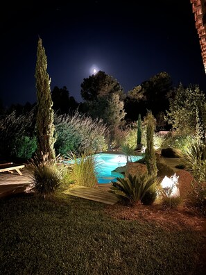 A nighttime view of a swimming pool surrounded by various plants and trees, with a moon visible in the sky. - ARCHITECTURAL HOME - PINARELLO - NEAR THE SEA (Zonza)