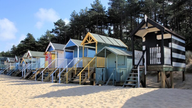 Une rangée de cabanes de plage, avec des escaliers en bois menant à chacune d’elles, est installée sur un terrain sablonneux, avec des arbres en arrière-plan.