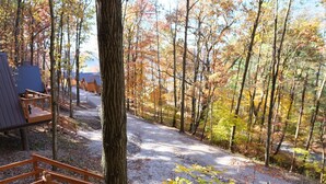 A forested area with a gravel path, wooden benches, and a small structure with a sloped roof.