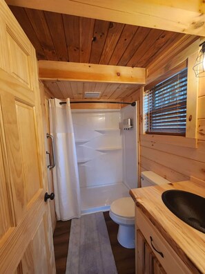 Hair dryer, towels, soap