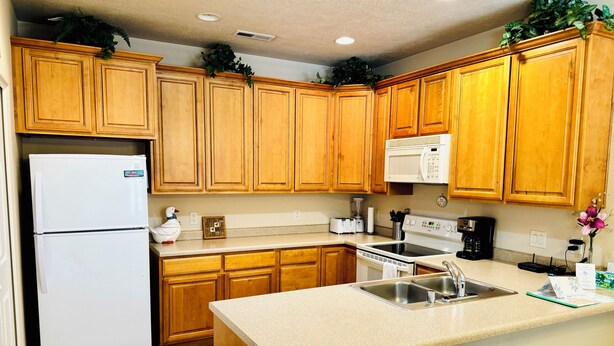A kitchen with wooden cabinets, a white refrigerator, a microwave, a stove, and a sink.