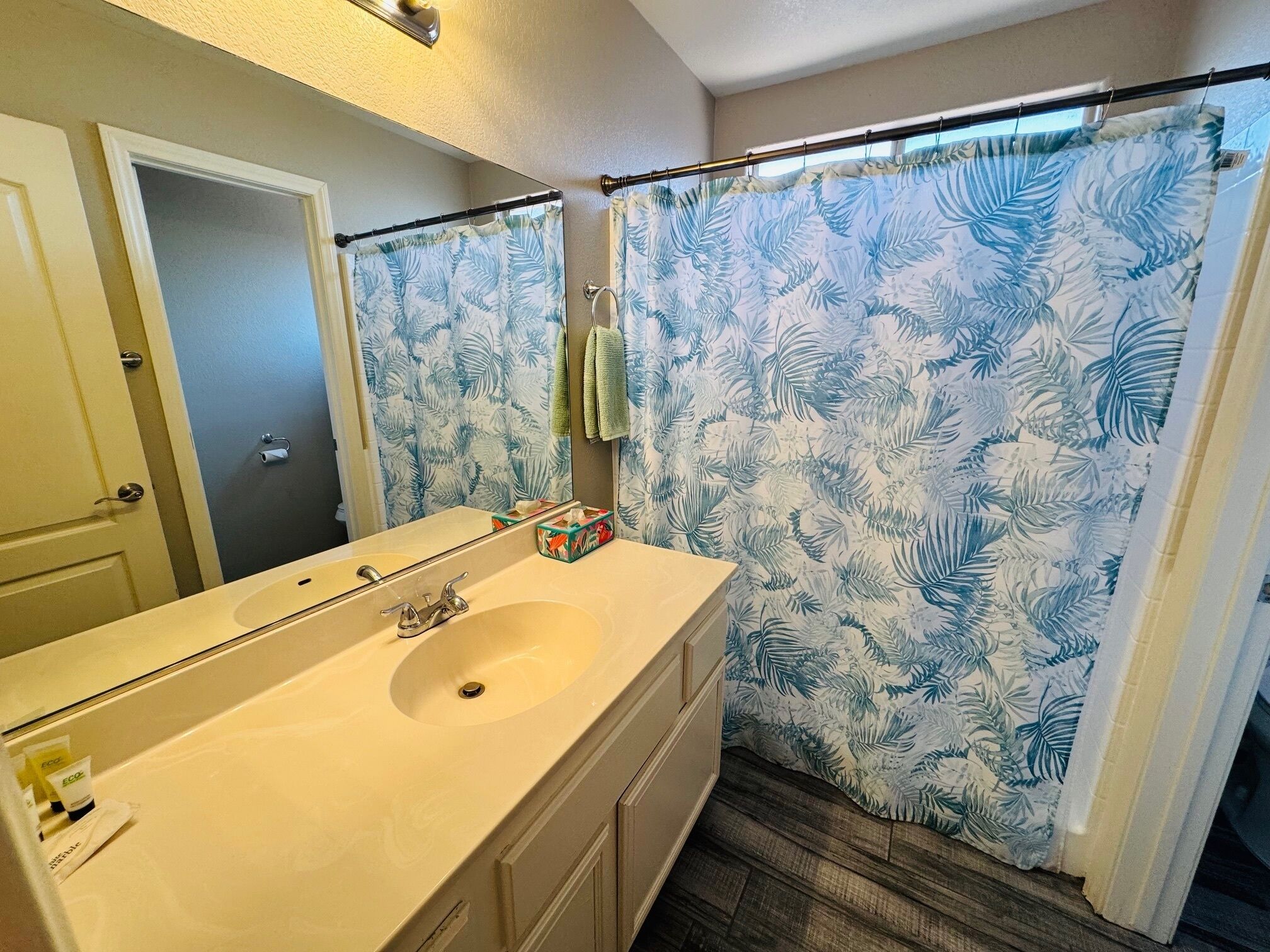 A bathroom with a white sink, a mirror, and a shower curtain with a leaf pattern.