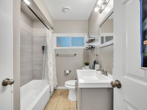 Hair dryer, towels, soap, shampoo