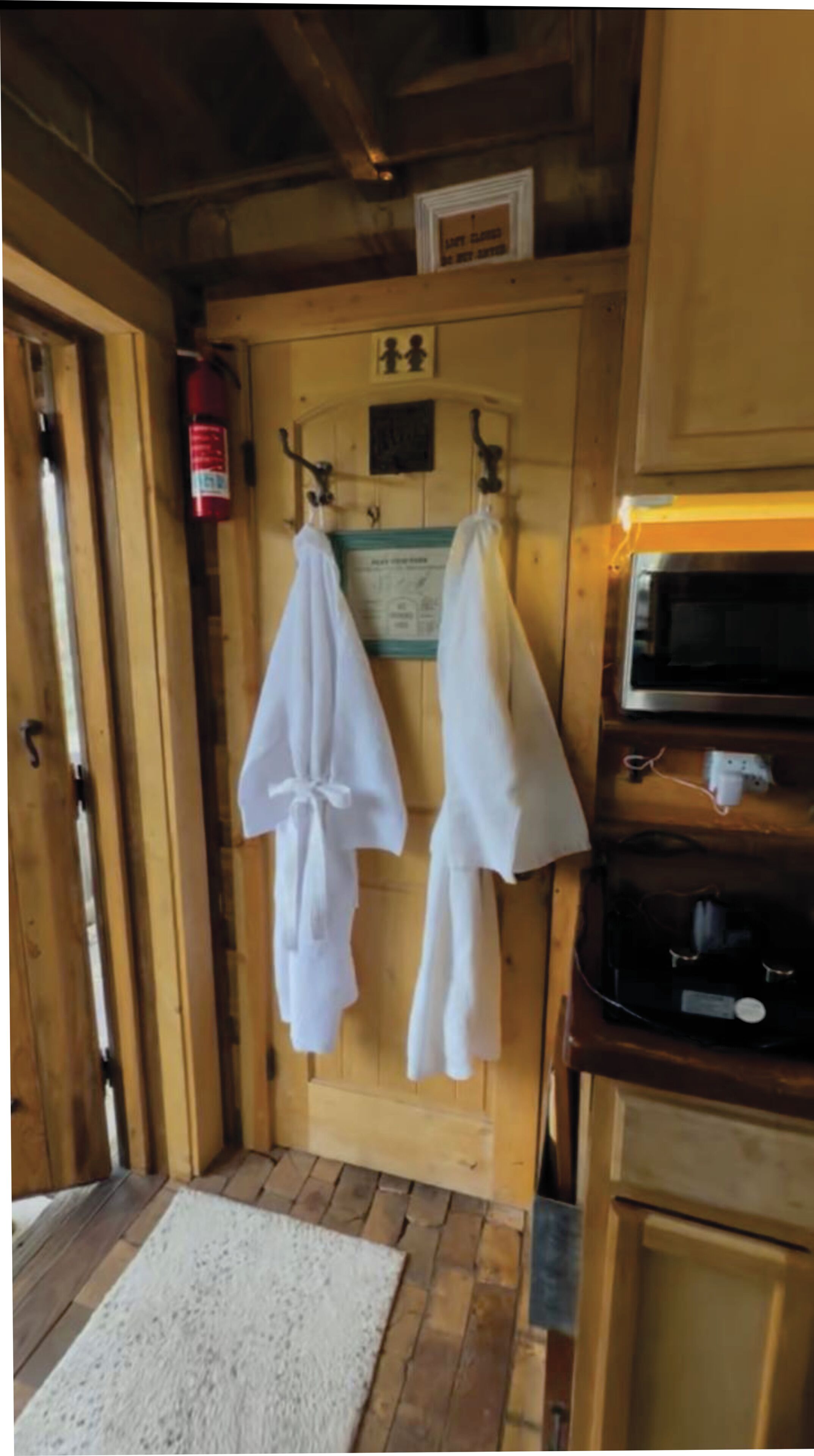 Un intérieur en bois comprenant un coin cuisine, avec un four à micro-ondes et un extincteur.