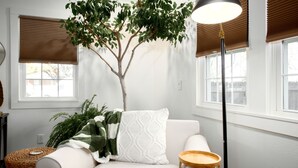 A cozy living room with a white sofa, a small round wooden side table, a floor lamp, a potted tree, and a window with blinds. - 2 BR/1BA / IMMACULATE/ DOWNTOWN.
 HIIKE THE CANYON.
PETS WELCOME with SMALL FEE. (Canyon)