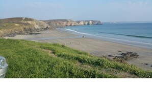 Eine Küstenlandschaft mit Sandstrand, grünen Wiesen und Klippen.
