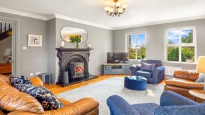 A living room with a fireplace, sofas, a television, and a large window. - Sycamore Cottage on the outskirts of Clifden (Clifden)