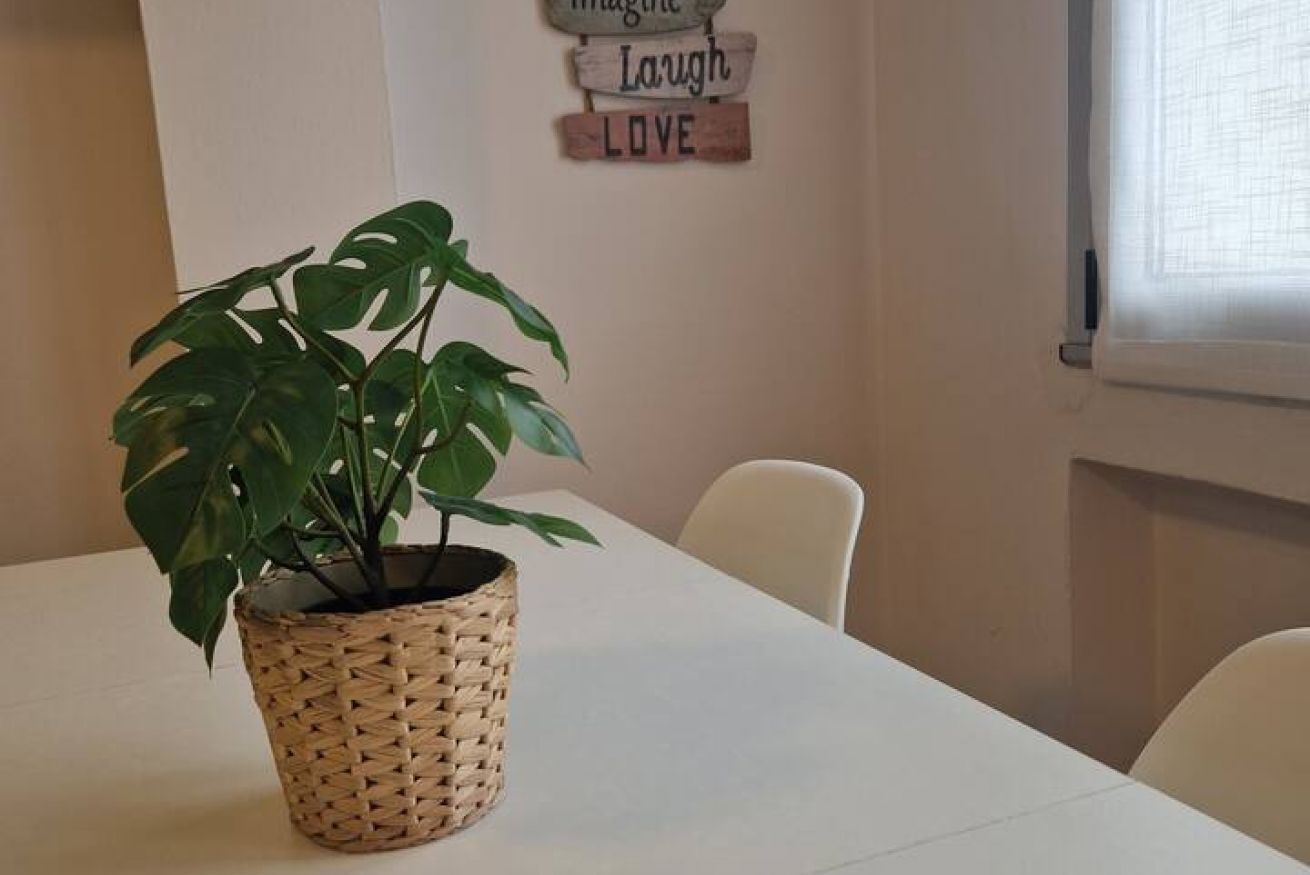 Ein Zimmer mit einem weißen Tisch, einer Topfpflanze und einer Wand mit motivierenden Schildern.