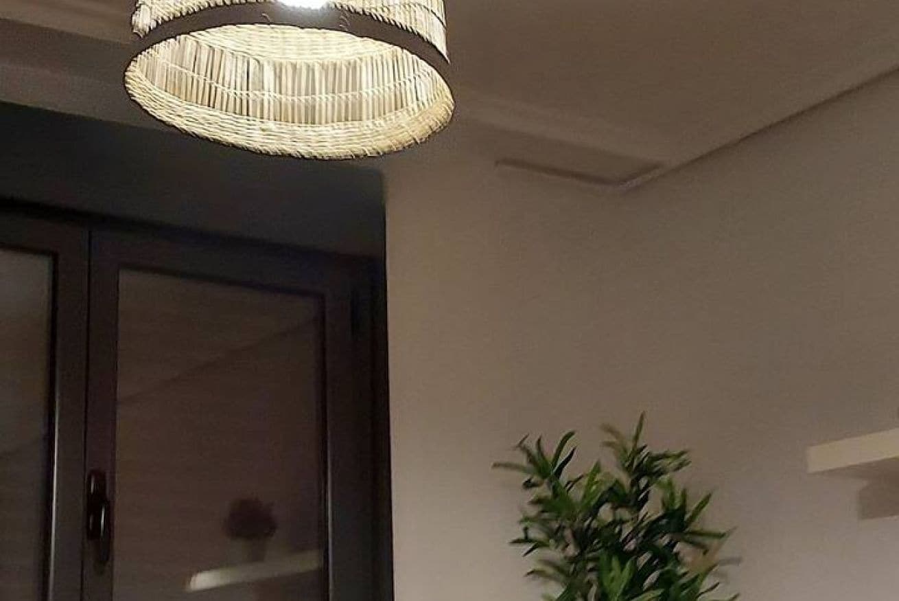 A room with a woven ceiling light fixture, a door, and a potted plant.