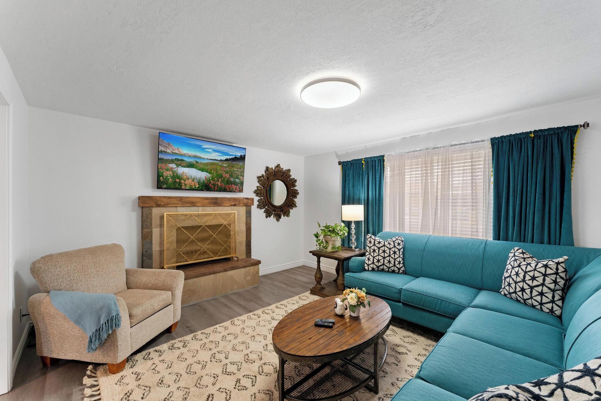 Smart TV, fireplace, table football, books