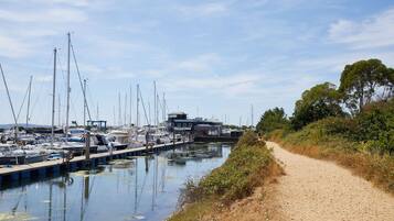 Un puerto deportivo con barcos amarrados a lo largo de un sendero de tierra.