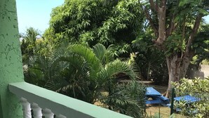 Un balcon doté de balustrades blanches, donnant sur un jardin où l’on peut voir différentes espèces d’arbres, et une voiture bleue garée au loin.