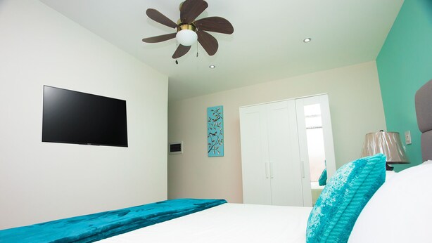 Une chambre à coucher comprenant un lit, un ventilateur de plafond, un téléviseur, une porte et une œuvre d’art accrochée au mur.