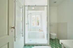 Shower, hair dryer, towels, soap