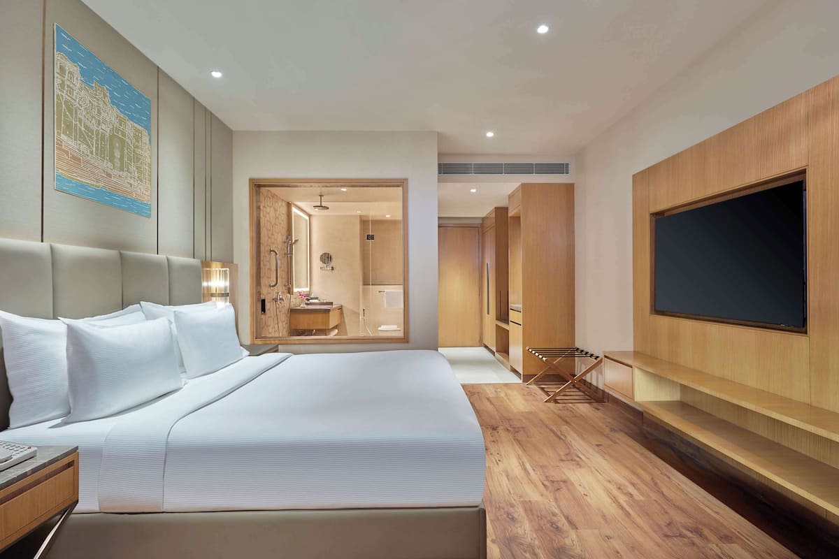Habitación de hotel moderna con una cama grande, un televisor montado en la pared y piso de madera.