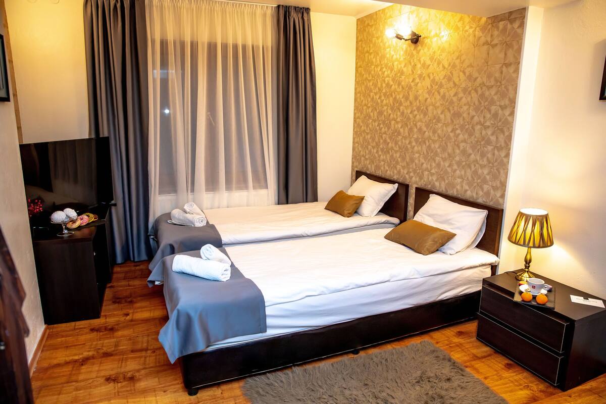 A double bed with a wooden headboard, a nightstand with a lamp, and a TV on a stand.
