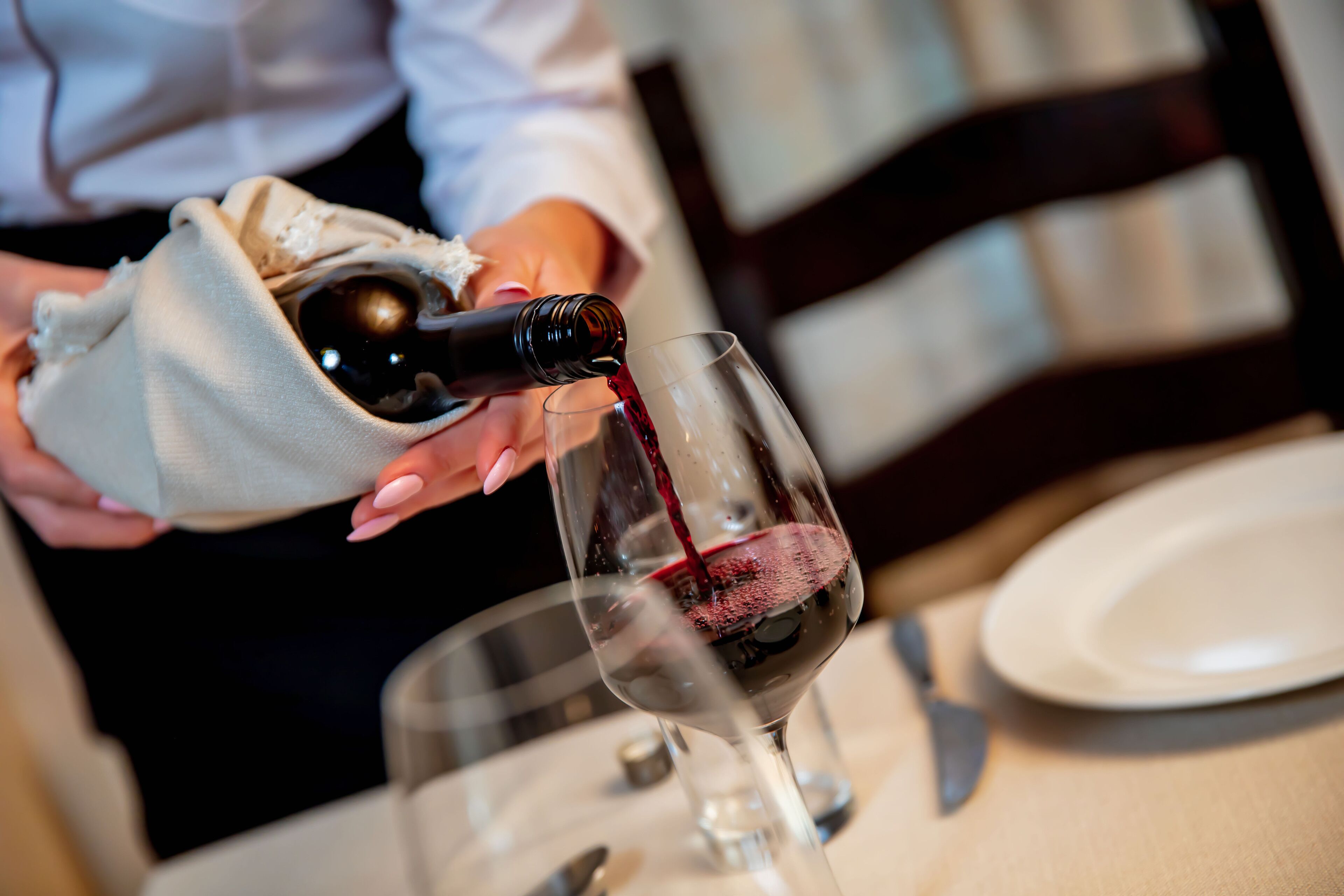 A person pouring wine into a glass.
