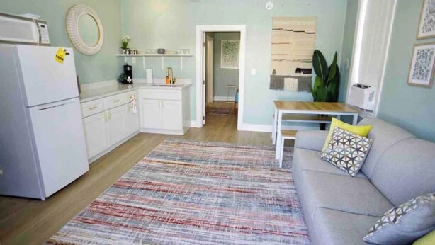 A compact living space with a kitchenette, a grey sofa with patterned cushions, and a striped area rug.