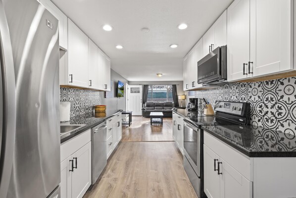 Fridge, microwave, stovetop, toaster