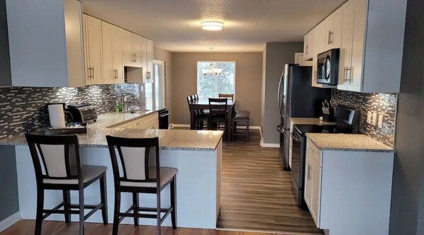 Fridge, microwave, stovetop, toaster