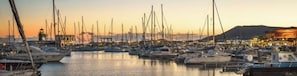 Un port de plaisance où sont amarrés de nombreux bateaux, un phare en arrière-plan et un paysage urbain avec des bâtiments.