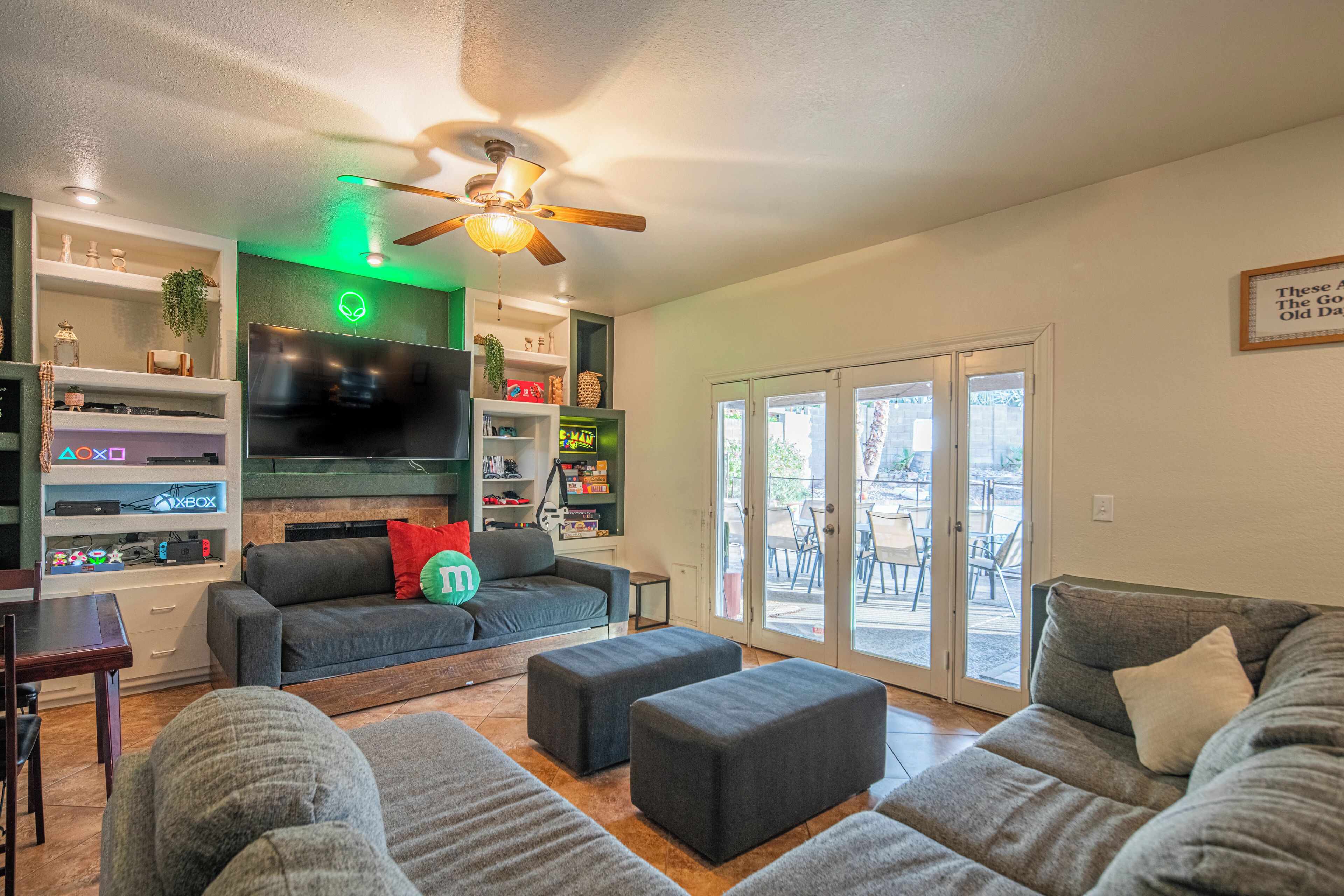 Smart TV, fireplace, video games, DVD player