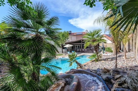 Outdoor pool, a heated pool. Nomad Gamer Pad- A Mountain Reserve Home w/ Pool, Spa, Esports Arena & Squat Gym