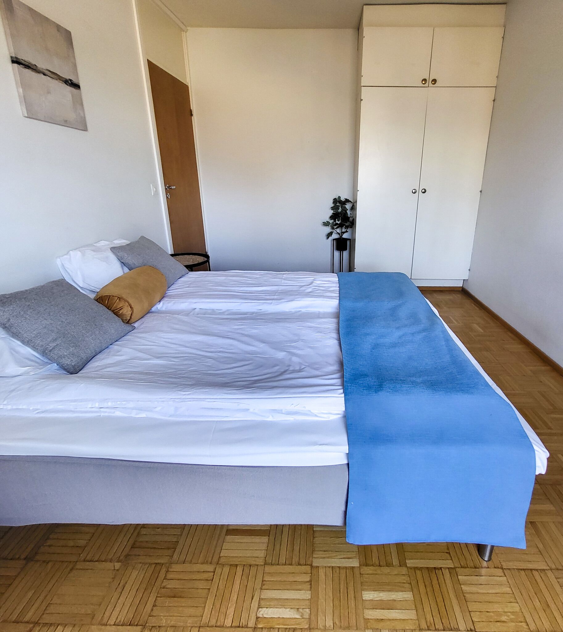 Ein Schlafzimmer mit einem Bett, einer blauen Decke, Holzboden, einem Kleiderschrank und einer Pflanze.
