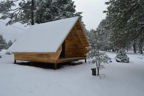 Une cabane en bois, dotée d’un toit en pente recouvert de neige, se dresse au milieu d’une forêt, entourée d’arbres également couverts de neige.