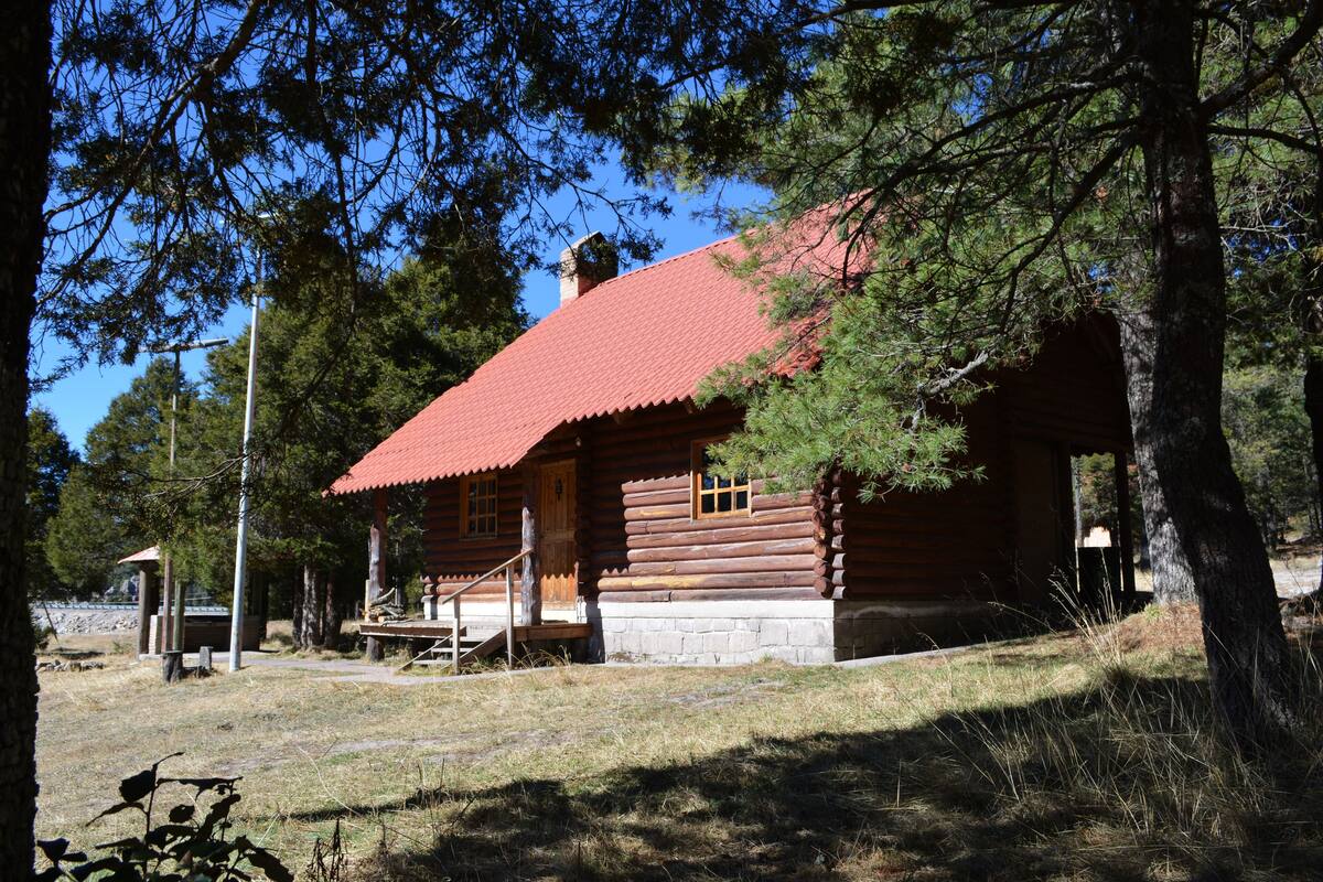 A rustic log cabin with a red roof, surrounded by trees and a grassy area.